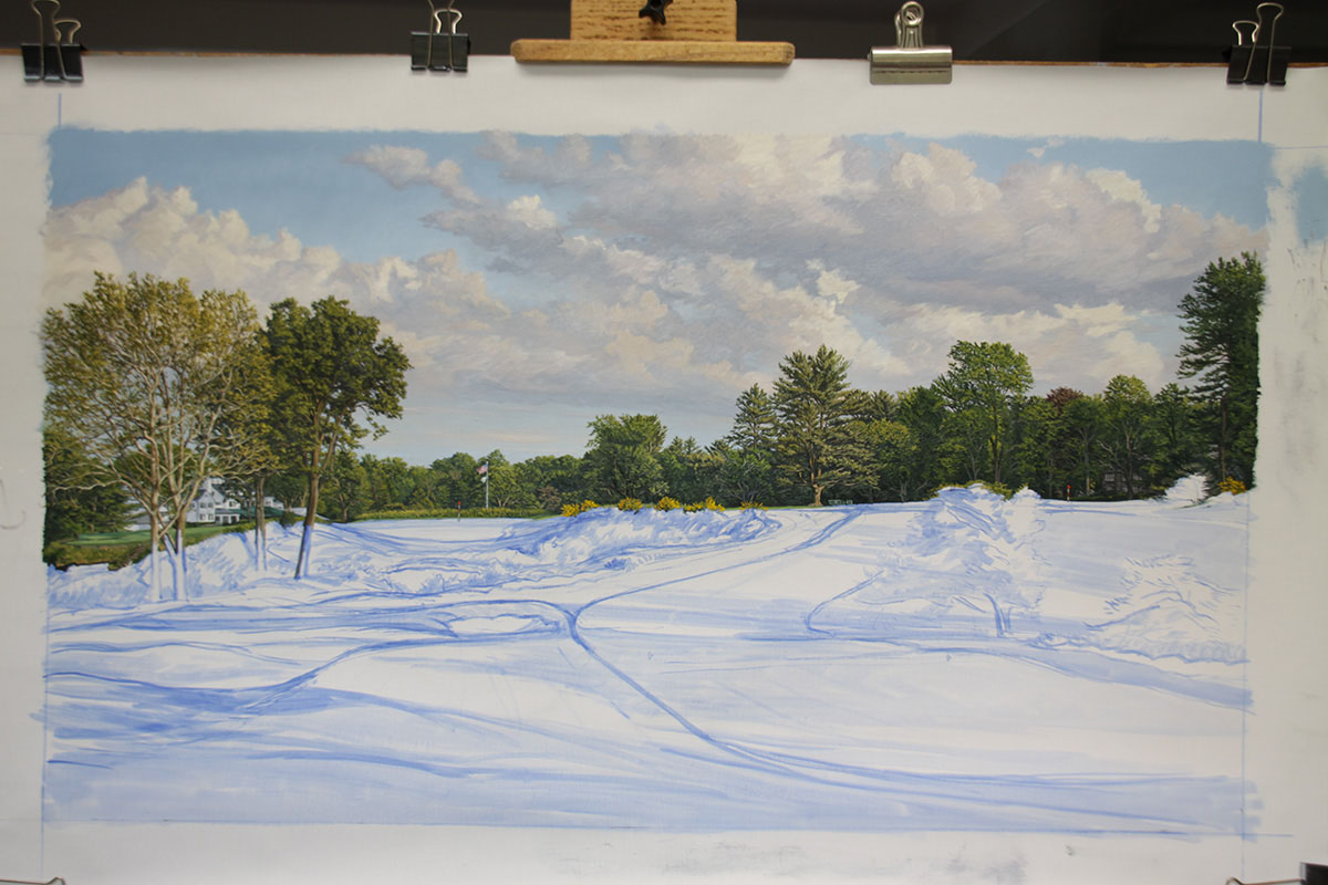A work-in-progress painting of the 16th hole at Merion, 2013 US Open Championship by renowned Hilton Head Island artist Linda Hartough