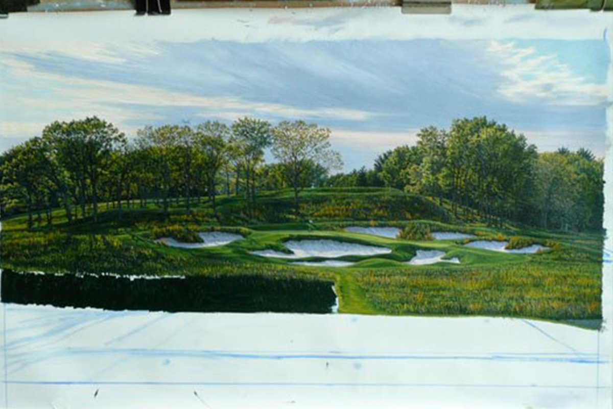 A work-in-progress painting of the 17th hole at Bethpage, 2009 US Open Championship by renowned Hilton Head Island artist Linda Hartough