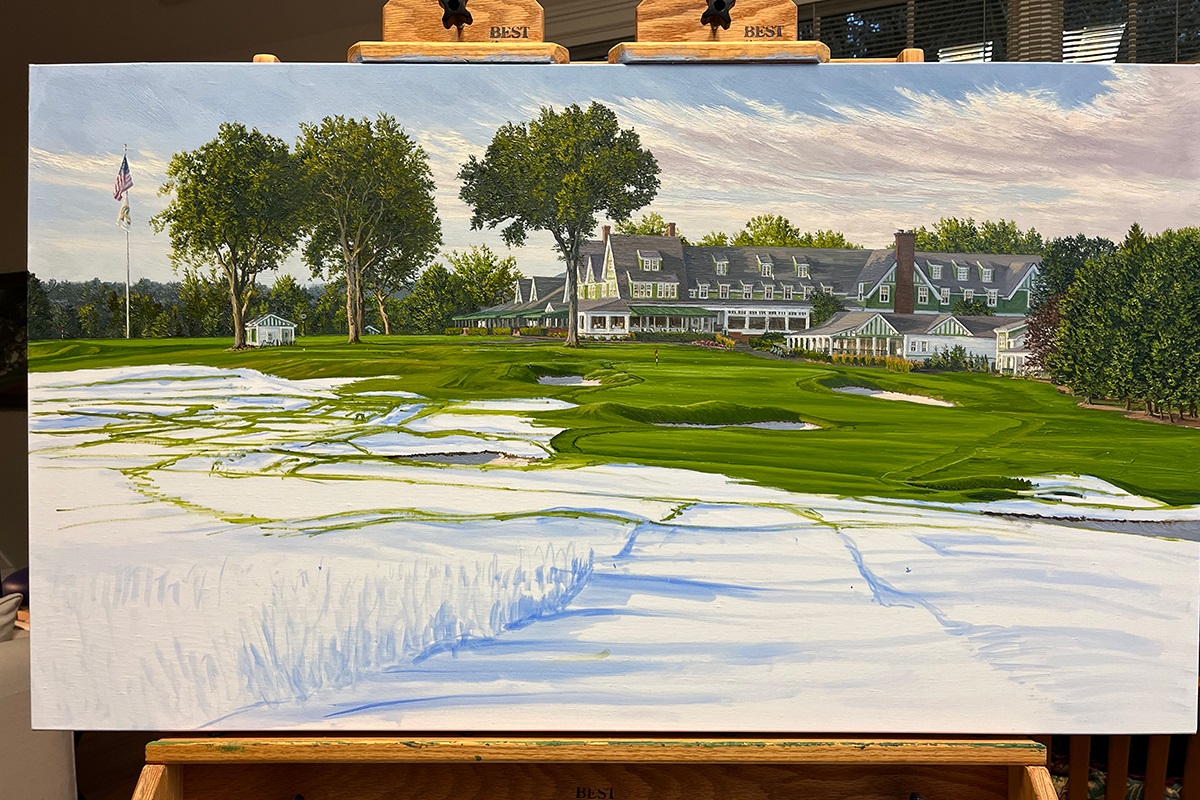 A work-in-progress painting of the 18th hole at Oakmont Country Club by renowned Hilton Head Island artist Linda Hartough