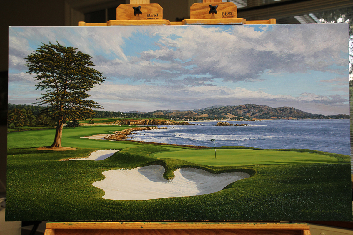 A painting of the 18th hole at Pebble Beach by renowned Hilton Head Island artist Linda Hartough