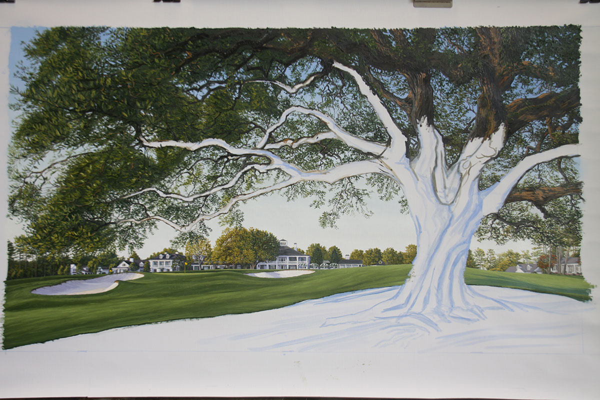 A work-in-progress painting of the 18th hole at Clubhouse, Augusta National by renowned Hilton Head Island artist Linda Hartough