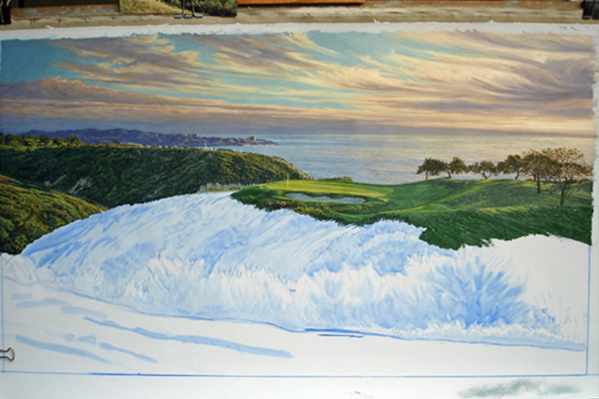 A work-in-progress painting of the 3rd hole at Torrey Pines, 2008 US Open Championship by renowned Hilton Head Island artist Linda Hartough