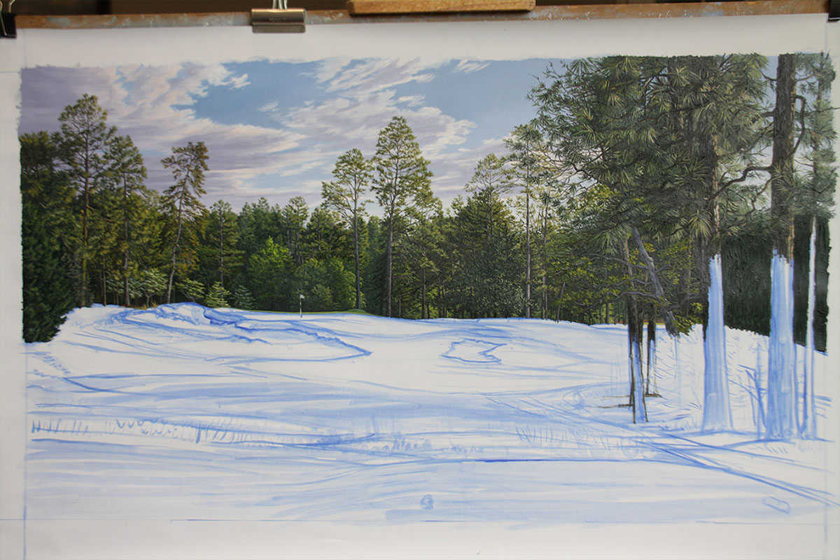 A work-in-progress painting of the 5th hole at Pinehurst, 2014 US Open Championship by renowned Hilton Head Island artist Linda Hartough