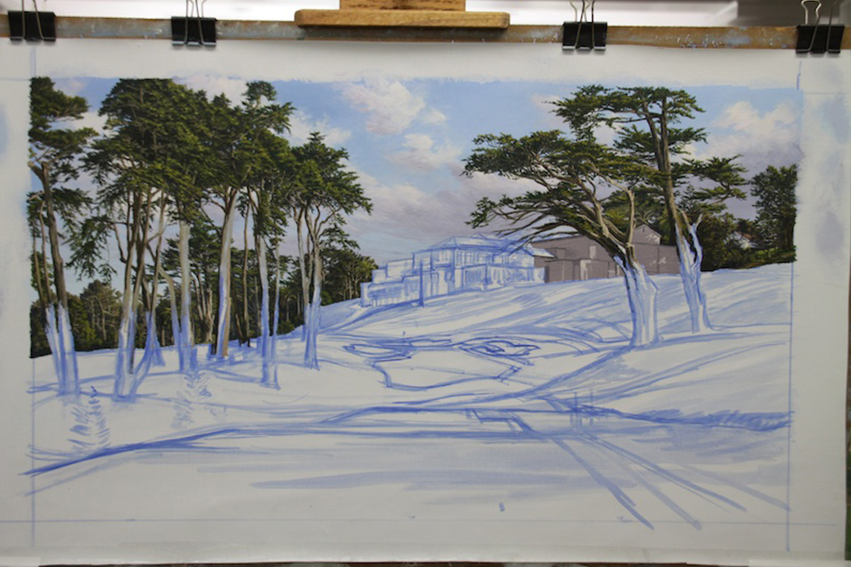 A work-in-progress painting of the 8th hole at Olympic, 2012 US Open Championship by renowned Hilton Head Island artist Linda Hartough