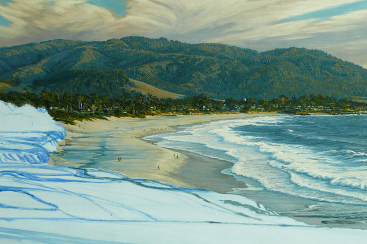 A work-in-progress painting of the 9th hole at Pebble Beach, 2010 US Open Championship by renowned Hilton Head Island artist Linda Hartough