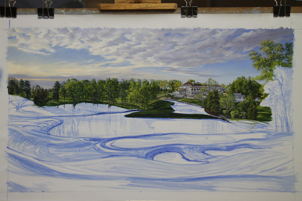 A work-in-progress painting of the 10th hole at Congressional, 2011 US Open Championship by renowned Hilton Head Island artist Linda Hartough