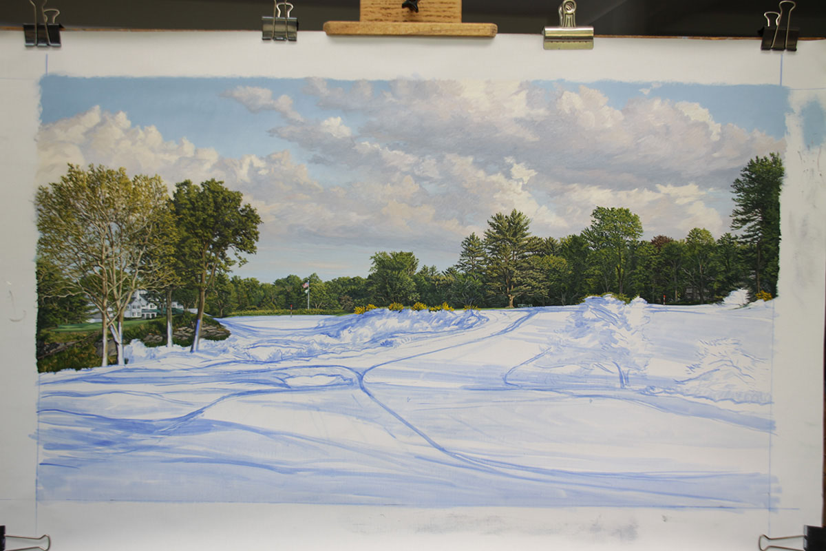 A work-in-progress painting of the 16th hole at Merion, 2013 US Open Championship by renowned Hilton Head Island artist Linda Hartough