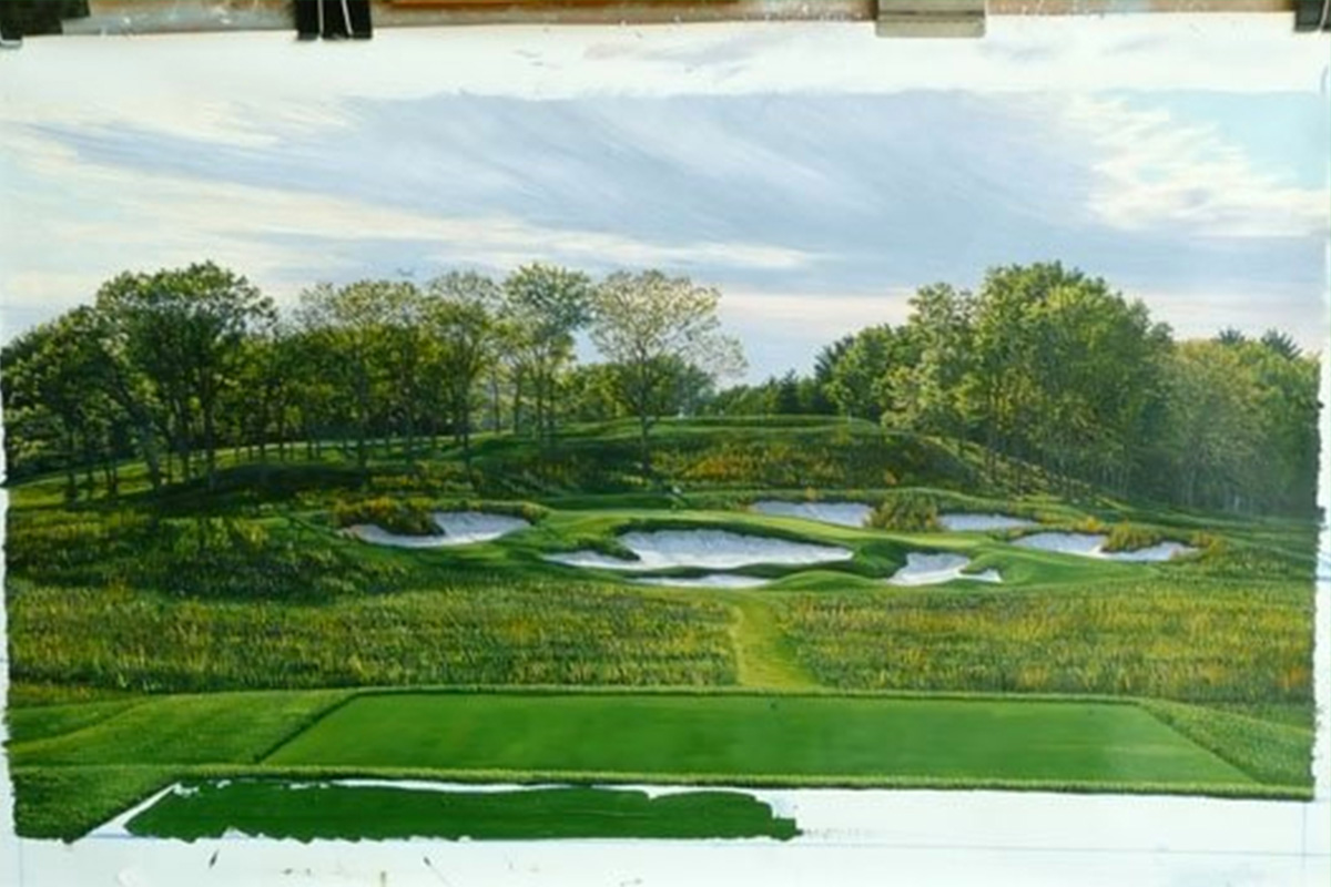 A work-in-progress painting of the 17th hole at Bethpage, 2009 US Open Championship by renowned Hilton Head Island artist Linda Hartough