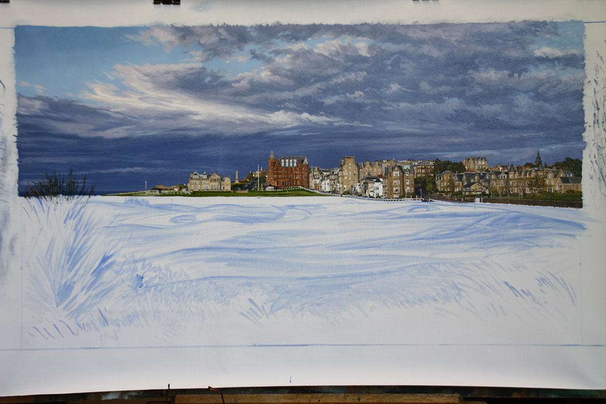 A work-in-progress painting of the 17th hole at Road Hole, St Andrews by renowned Hilton Head Island artist Linda Hartough