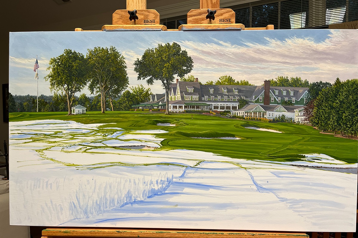 A work-in-progress painting of the 18th hole at Oakmont Country Club by renowned Hilton Head Island artist Linda Hartough