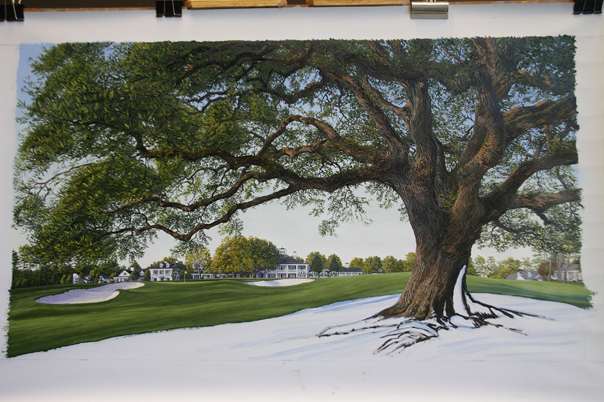 A work-in-progress painting of the 18th hole at Clubhouse, Augusta National by renowned Hilton Head Island artist Linda Hartough