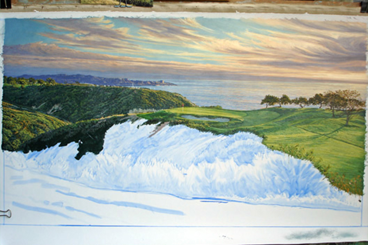 A work-in-progress painting of the 3rd hole at Torrey Pines, 2008 US Open Championship by renowned Hilton Head Island artist Linda Hartough