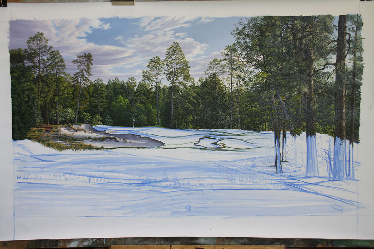 A work-in-progress painting of the 5th hole at Pinehurst, 2014 US Open Championship by renowned Hilton Head Island artist Linda Hartough