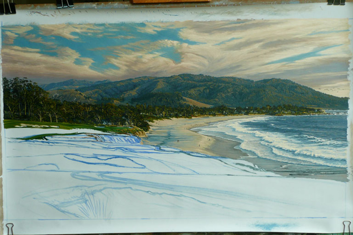 A work-in-progress painting of the 9th hole at Pebble Beach, 2010 US Open Championship by renowned Hilton Head Island artist Linda Hartough