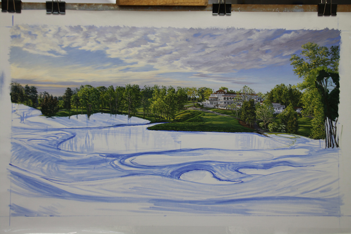 A work-in-progress painting of the 10th hole at Congressional, 2011 US Open Championship by renowned Hilton Head Island artist Linda Hartough