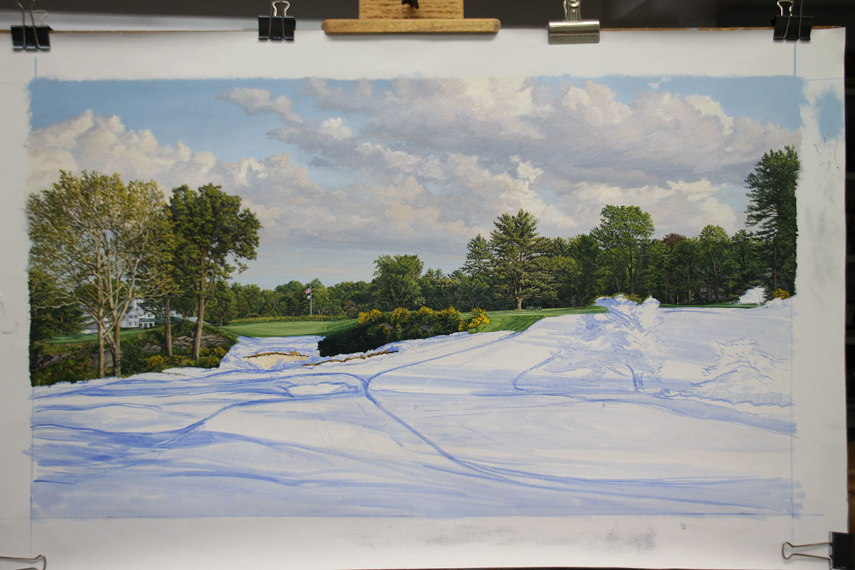 A work-in-progress painting of the 16th hole at Merion, 2013 US Open Championship by renowned Hilton Head Island artist Linda Hartough