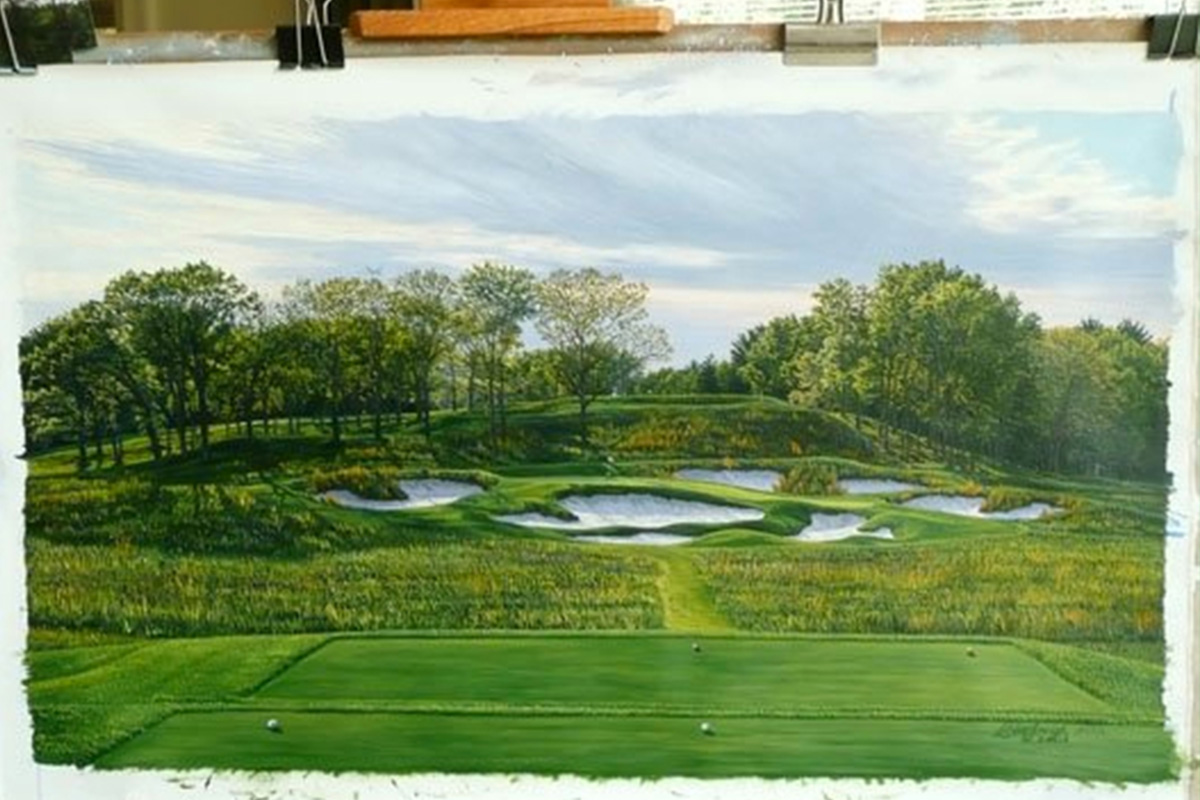 A painting of the 17th hole at Bethpage, 2009 US Open Championship by renowned Hilton Head Island artist Linda Hartough