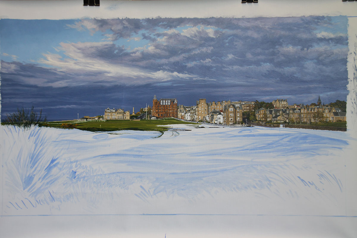 A work-in-progress painting of the 17th hole at Road Hole, St Andrews by renowned Hilton Head Island artist Linda Hartough