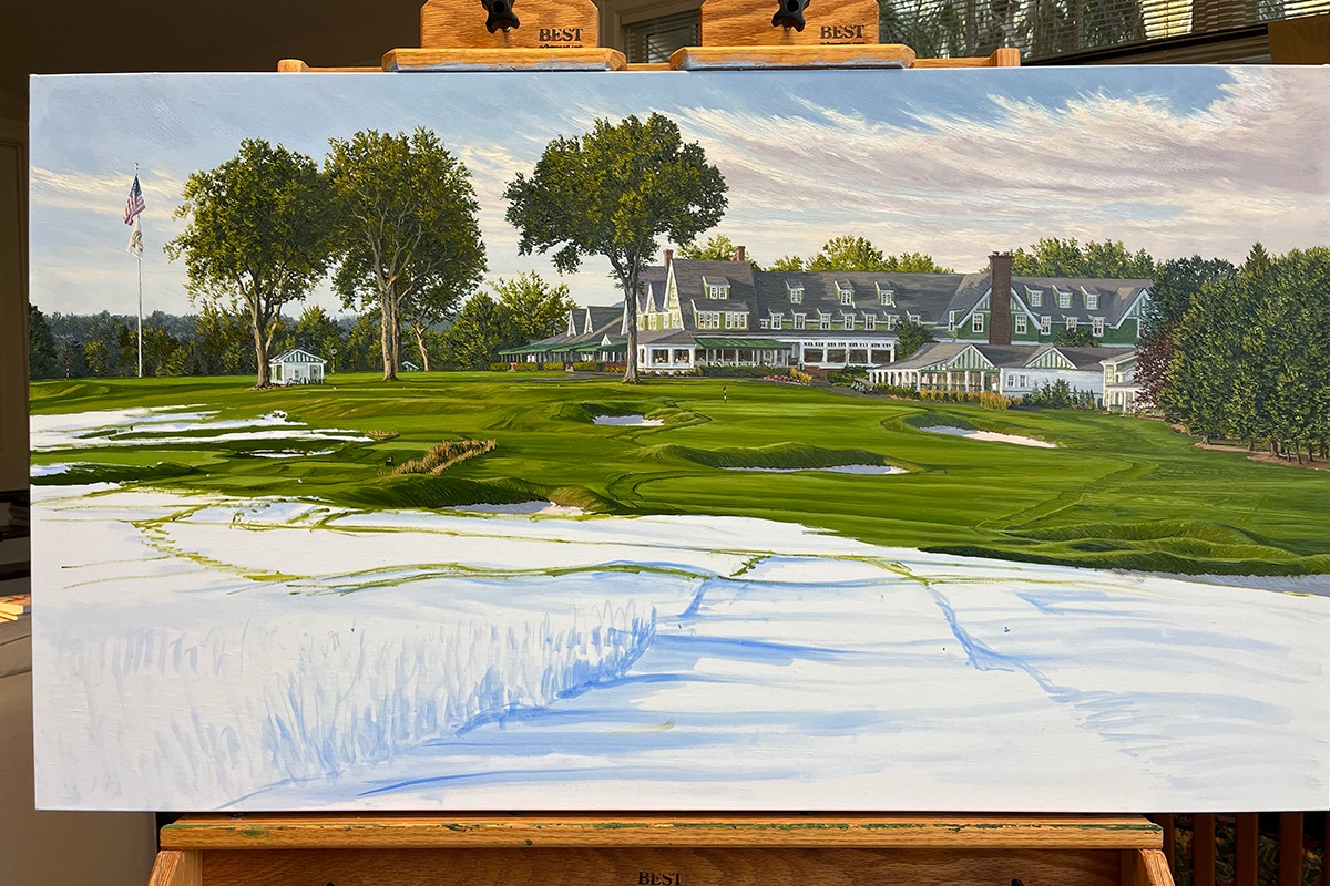 A work-in-progress painting of the 18th hole at Oakmont Country Club by renowned Hilton Head Island artist Linda Hartough
