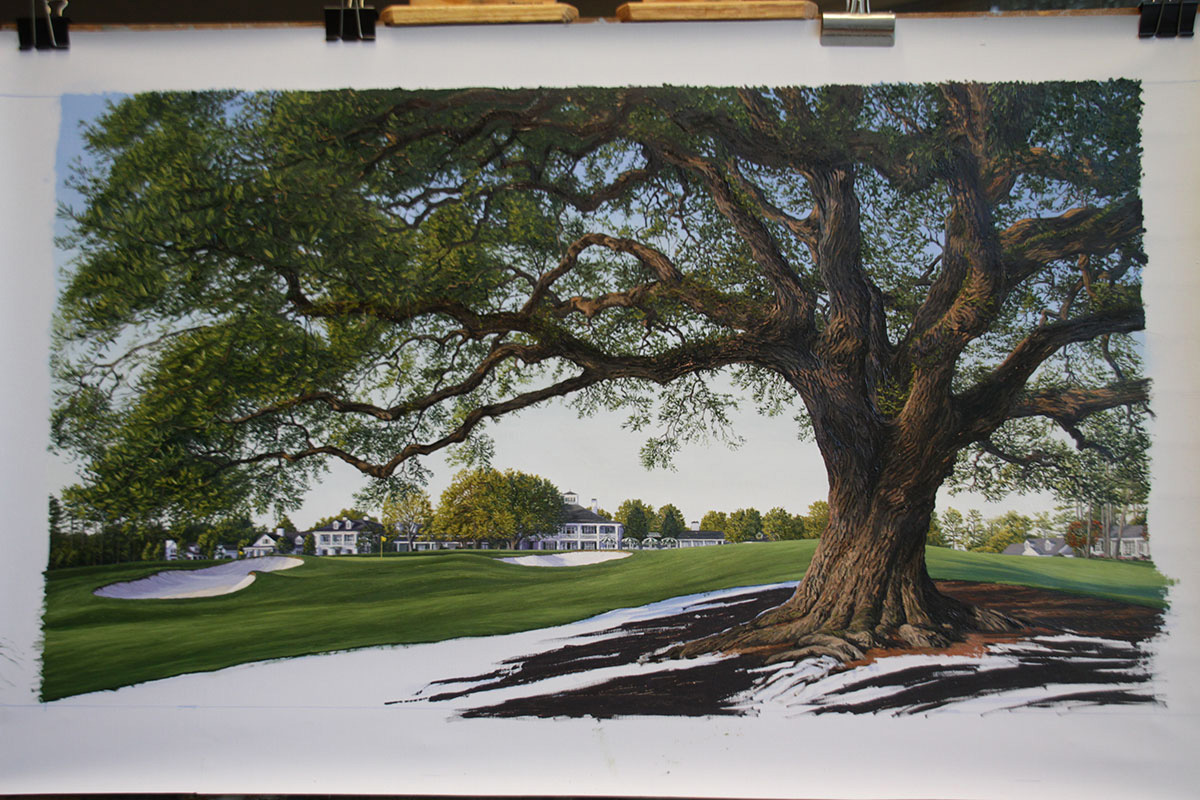A work-in-progress painting of the 18th hole at Clubhouse, Augusta National by renowned Hilton Head Island artist Linda Hartough