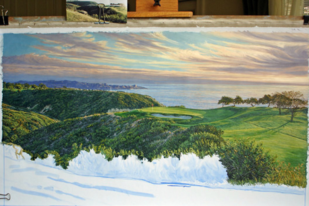 A work-in-progress painting of the 3rd hole at Torrey Pines, 2008 US Open Championship by renowned Hilton Head Island artist Linda Hartough