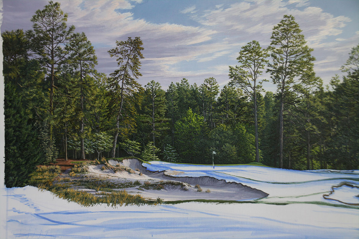 A work-in-progress painting of the 5th hole at Pinehurst, 2014 US Open Championship by renowned Hilton Head Island artist Linda Hartough