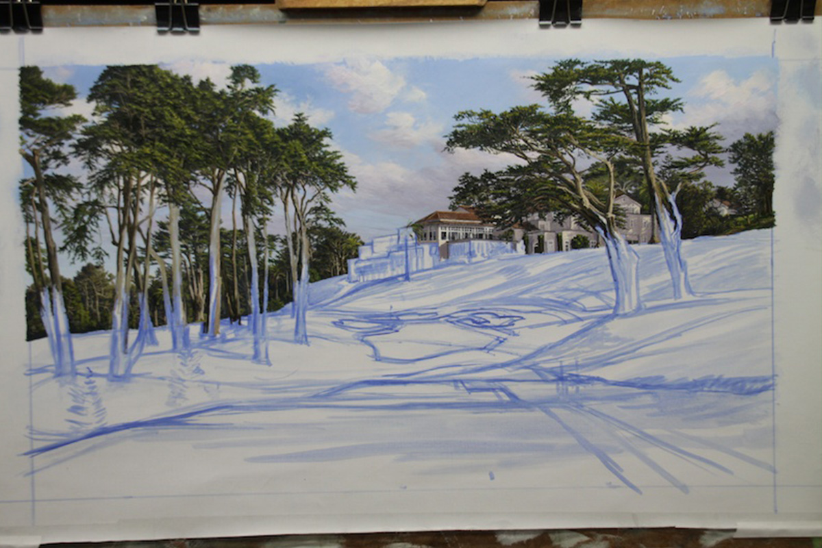 A work-in-progress painting of the 8th hole at Olympic, 2012 US Open Championship by renowned Hilton Head Island artist Linda Hartough