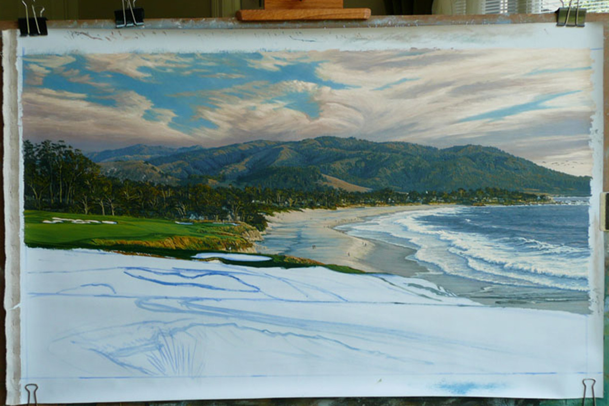 A work-in-progress painting of the 9th hole at Pebble Beach, 2010 US Open Championship by renowned Hilton Head Island artist Linda Hartough
