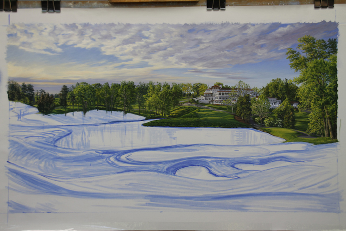 A work-in-progress painting of the 10th hole at Congressional, 2011 US Open Championship by renowned Hilton Head Island artist Linda Hartough