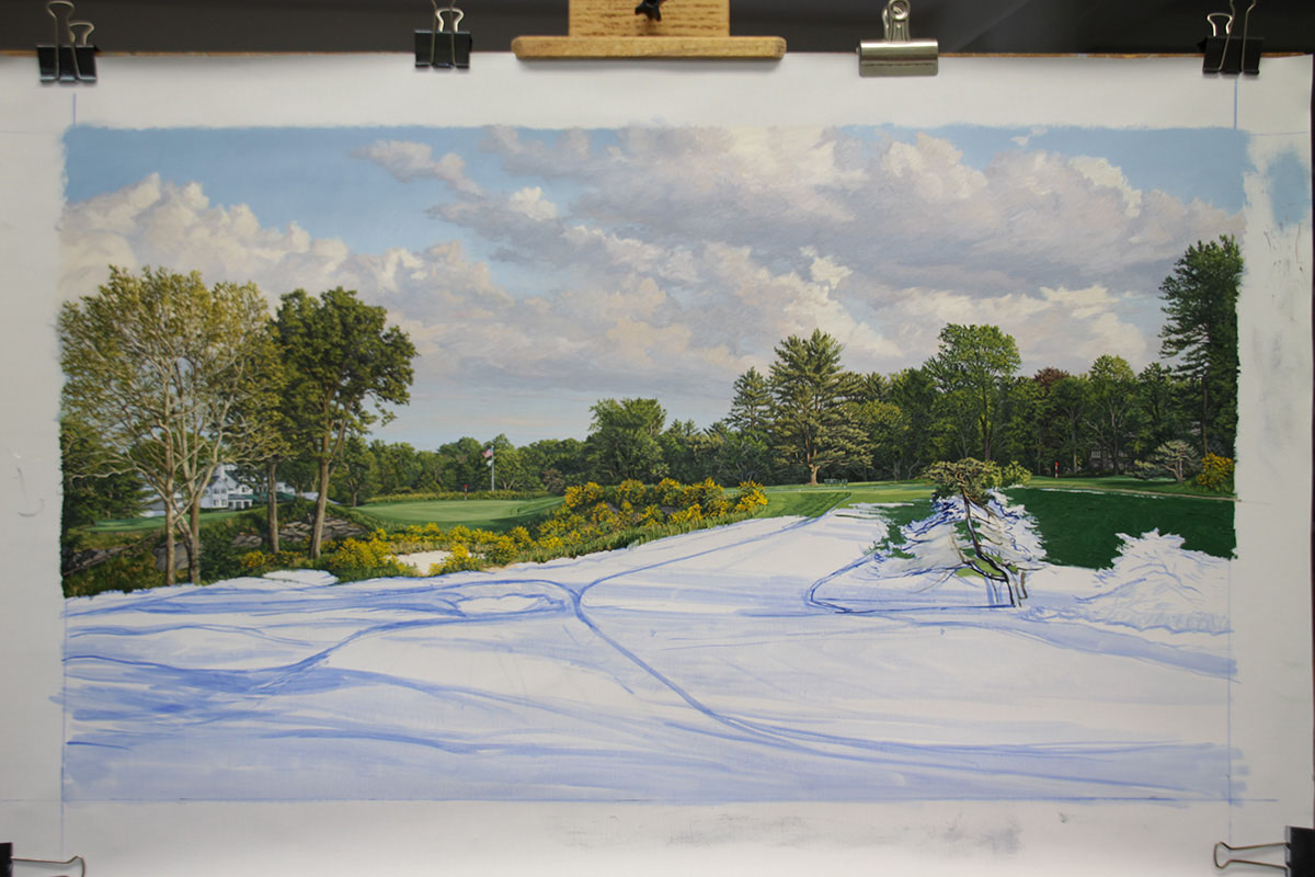 A work-in-progress painting of the 16th hole at Merion, 2013 US Open Championship by renowned Hilton Head Island artist Linda Hartough