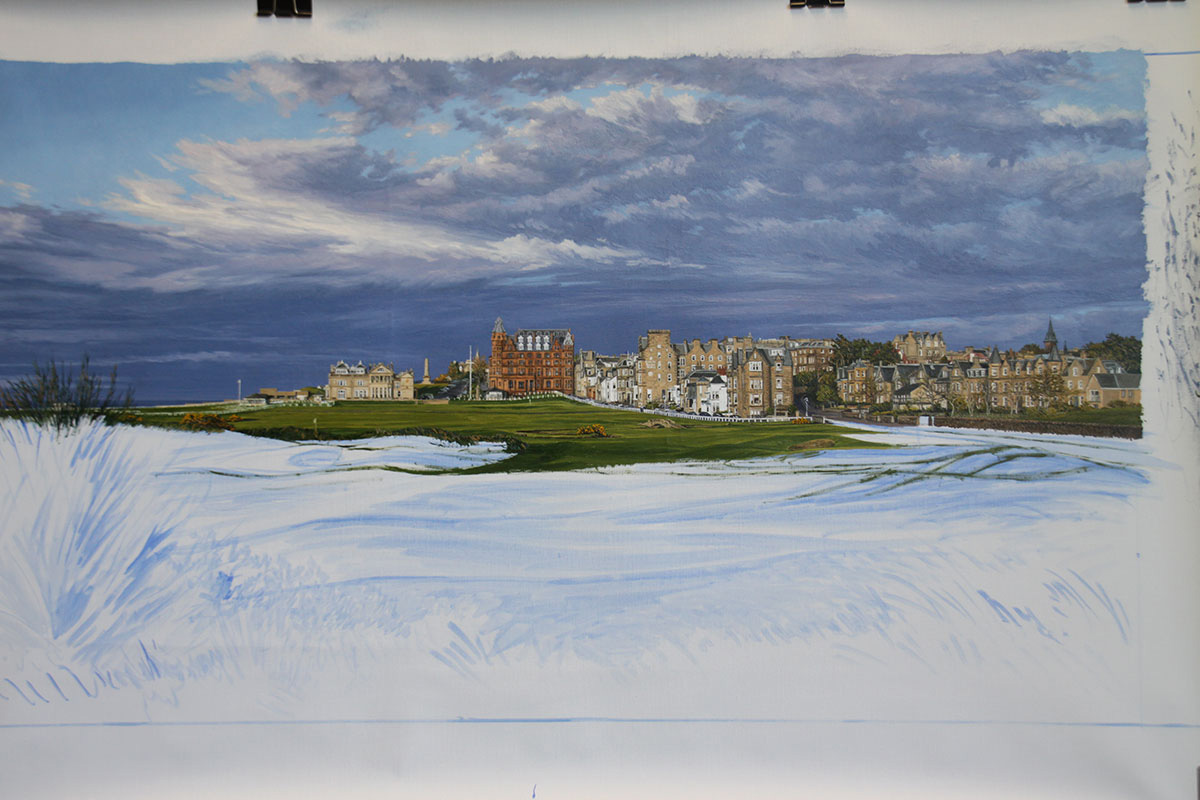 A work-in-progress painting of the 17th hole at Road Hole, St Andrews by renowned Hilton Head Island artist Linda Hartough
