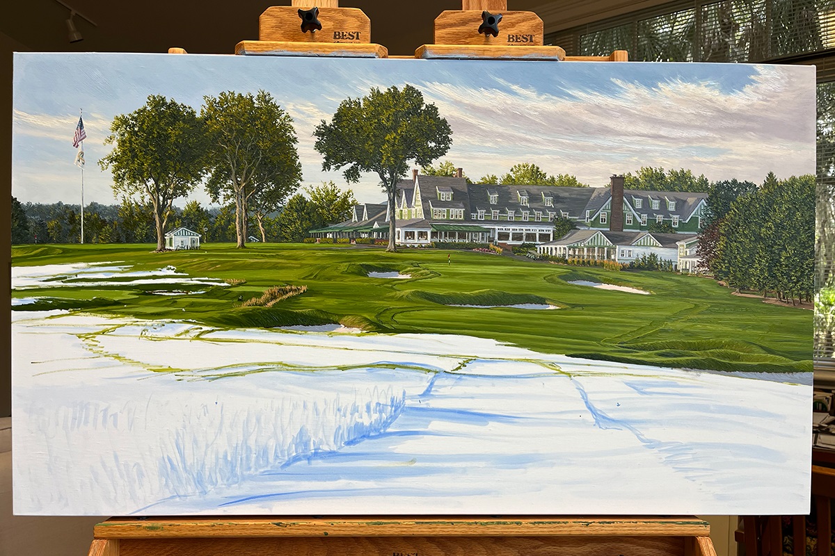 A work-in-progress painting of the 18th hole at Oakmont Country Club by renowned Hilton Head Island artist Linda Hartough