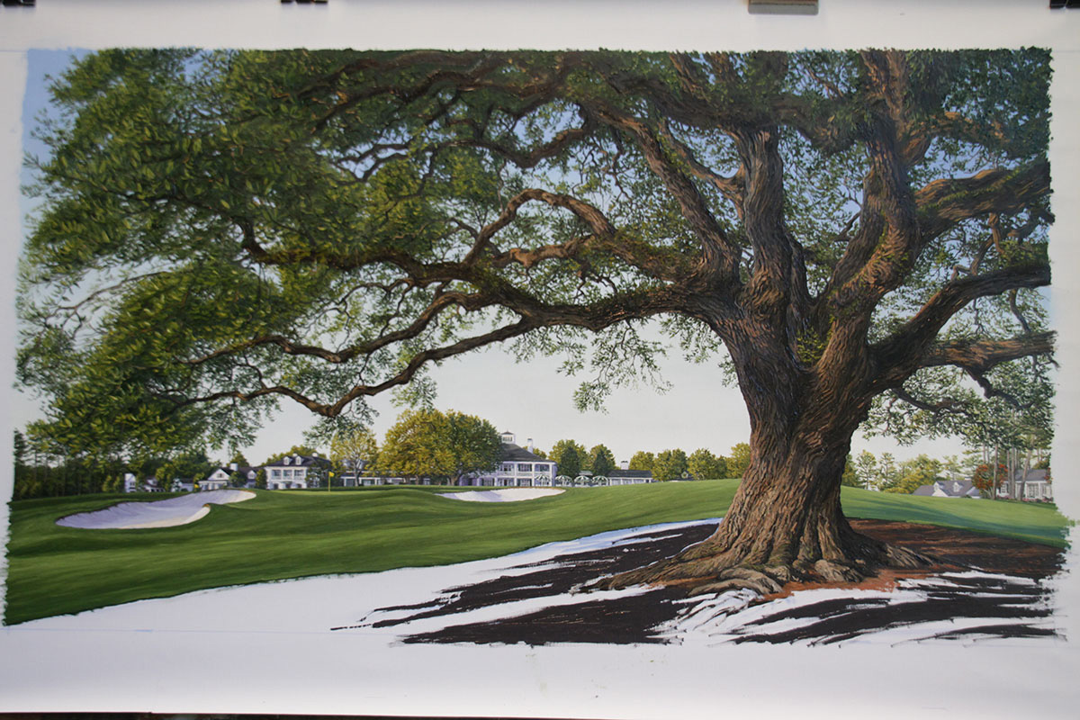 A work-in-progress painting of the 18th hole at Clubhouse, Augusta National by renowned Hilton Head Island artist Linda Hartough