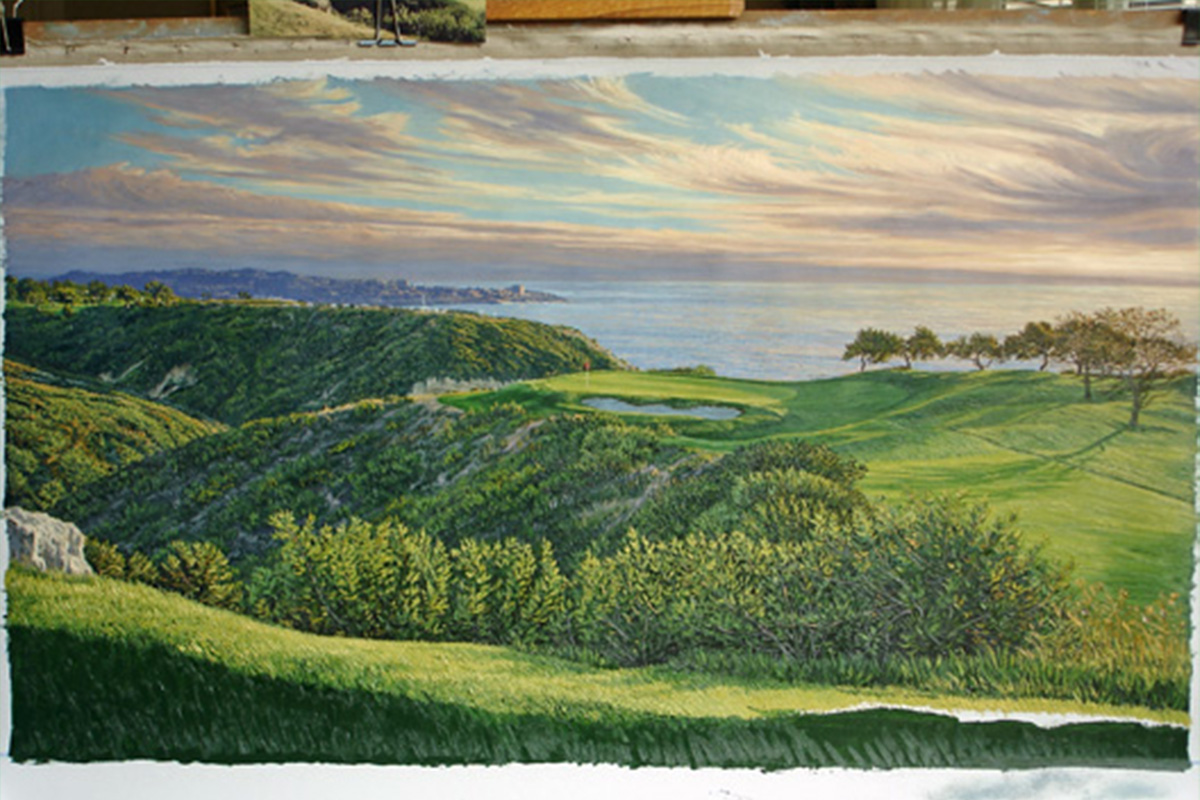 A work-in-progress painting of the 3rd hole at Torrey Pines, 2008 US Open Championship by renowned Hilton Head Island artist Linda Hartough