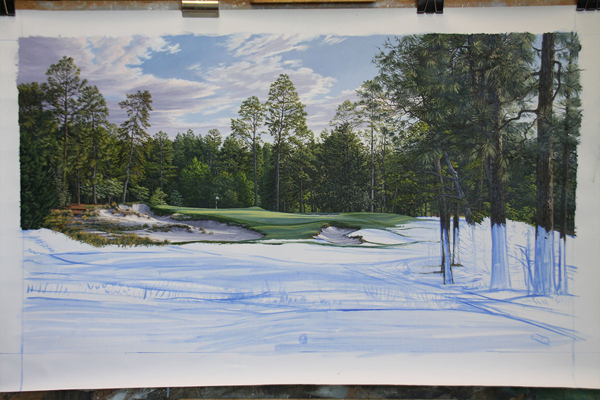 A work-in-progress painting of the 5th hole at Pinehurst, 2014 US Open Championship by renowned Hilton Head Island artist Linda Hartough