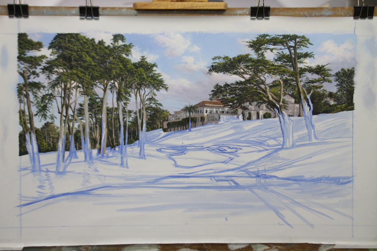 A work-in-progress painting of the 8th hole at Olympic, 2012 US Open Championship by renowned Hilton Head Island artist Linda Hartough