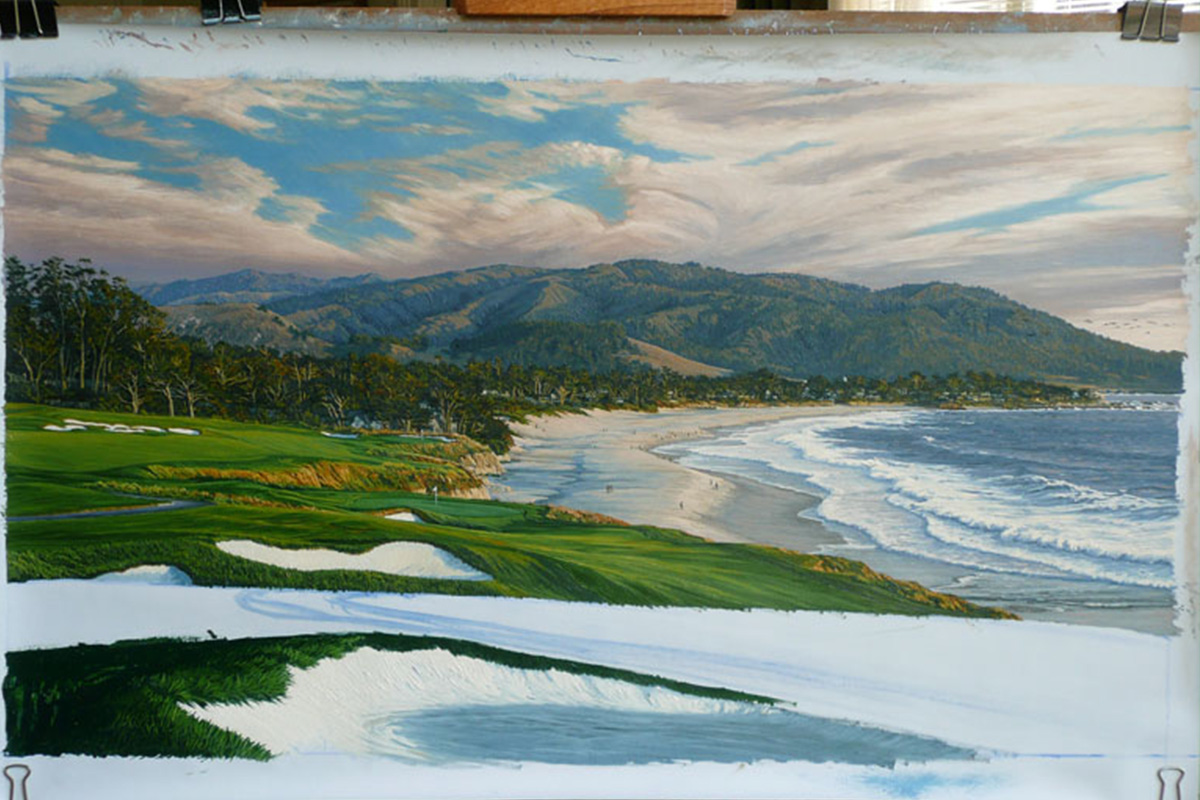 A work-in-progress painting of the 9th hole at Pebble Beach, 2010 US Open Championship by renowned Hilton Head Island artist Linda Hartough