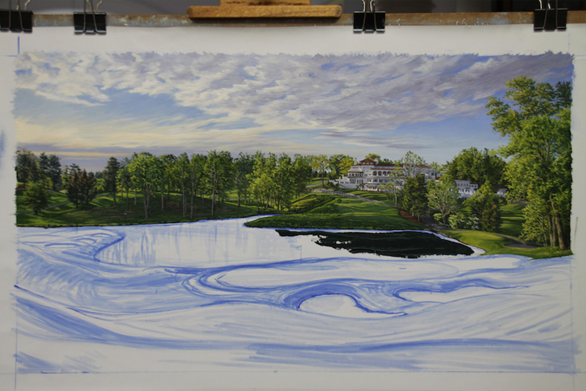 A work-in-progress painting of the 10th hole at Congressional, 2011 US Open Championship by renowned Hilton Head Island artist Linda Hartough