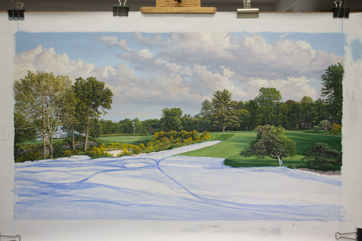 A work-in-progress painting of the 16th hole at Merion, 2013 US Open Championship by renowned Hilton Head Island artist Linda Hartough
