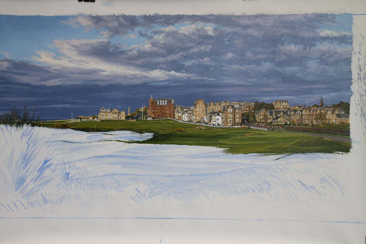 A work-in-progress painting of the 17th hole at Road Hole, St Andrews by renowned Hilton Head Island artist Linda Hartough