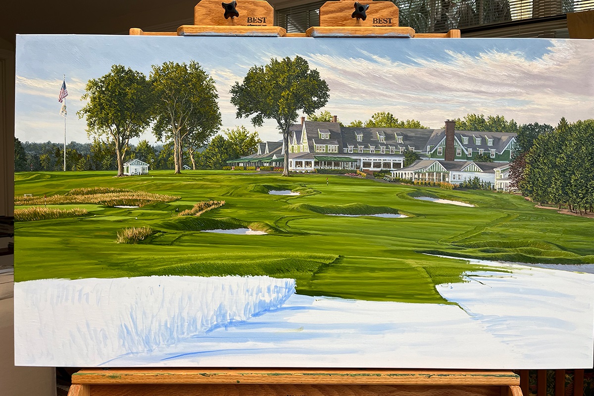 A work-in-progress painting of the 18th hole at Oakmont Country Club by renowned Hilton Head Island artist Linda Hartough