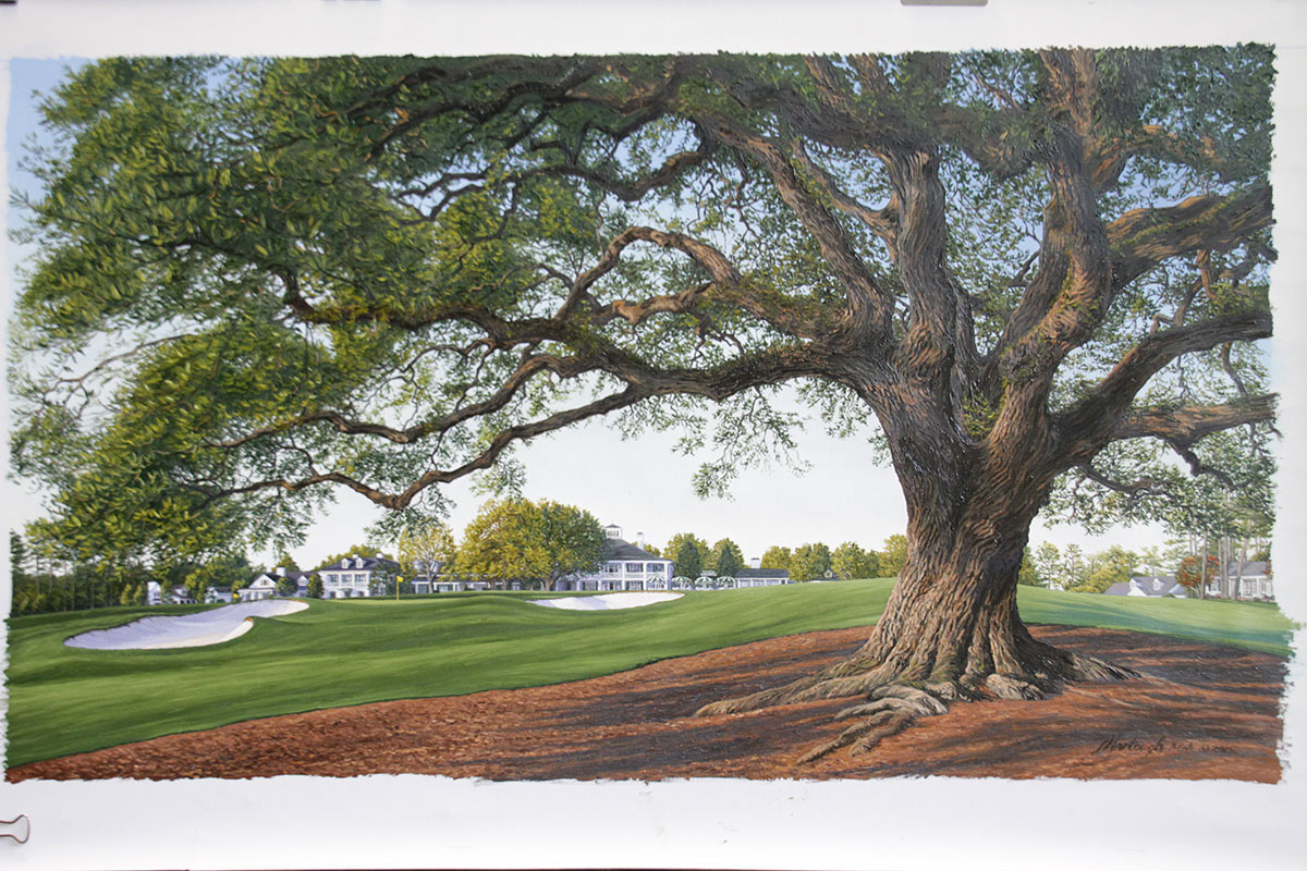 A painting of the 18th hole at Clubhouse, Augusta National by renowned Hilton Head Island artist Linda Hartough