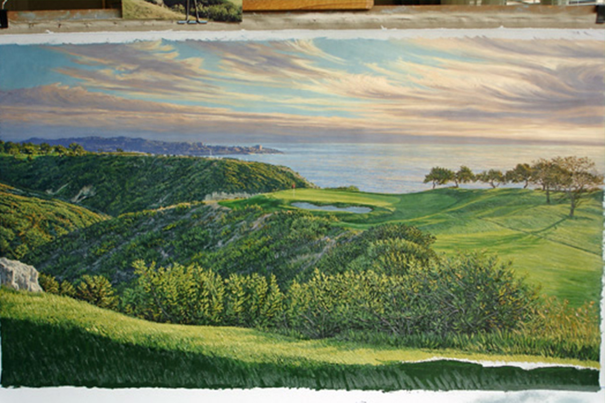 A work-in-progress painting of the 3rd hole at Torrey Pines, 2008 US Open Championship by renowned Hilton Head Island artist Linda Hartough