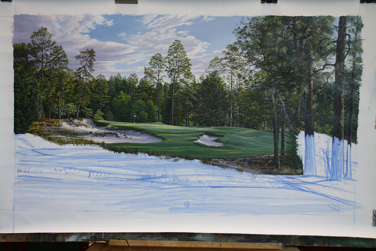 A work-in-progress painting of the 5th hole at Pinehurst, 2014 US Open Championship by renowned Hilton Head Island artist Linda Hartough