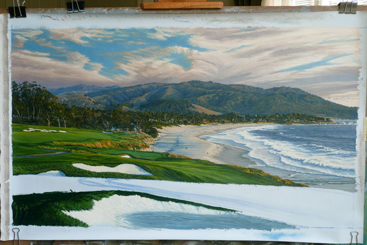 A work-in-progress painting of the 9th hole at Pebble Beach, 2010 US Open Championship by renowned Hilton Head Island artist Linda Hartough