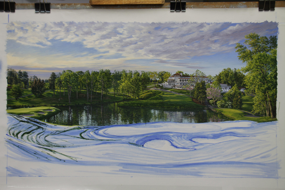 A work-in-progress painting of the 10th hole at Congressional, 2011 US Open Championship by renowned Hilton Head Island artist Linda Hartough