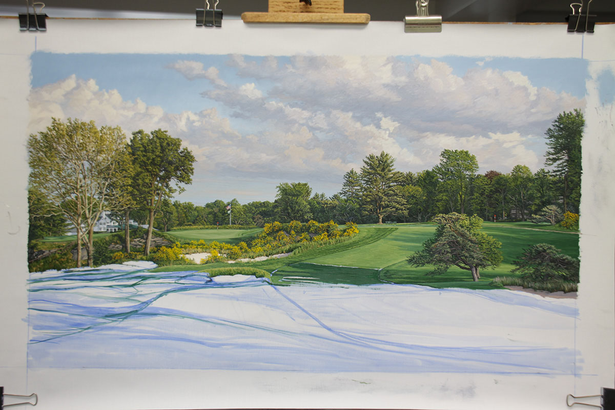 A work-in-progress painting of the 16th hole at Merion, 2013 US Open Championship by renowned Hilton Head Island artist Linda Hartough