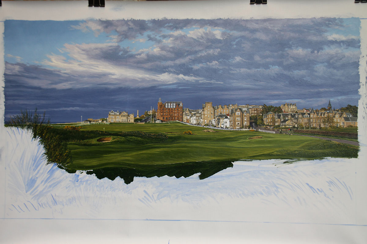 A work-in-progress painting of the 17th hole at Road Hole, St Andrews by renowned Hilton Head Island artist Linda Hartough