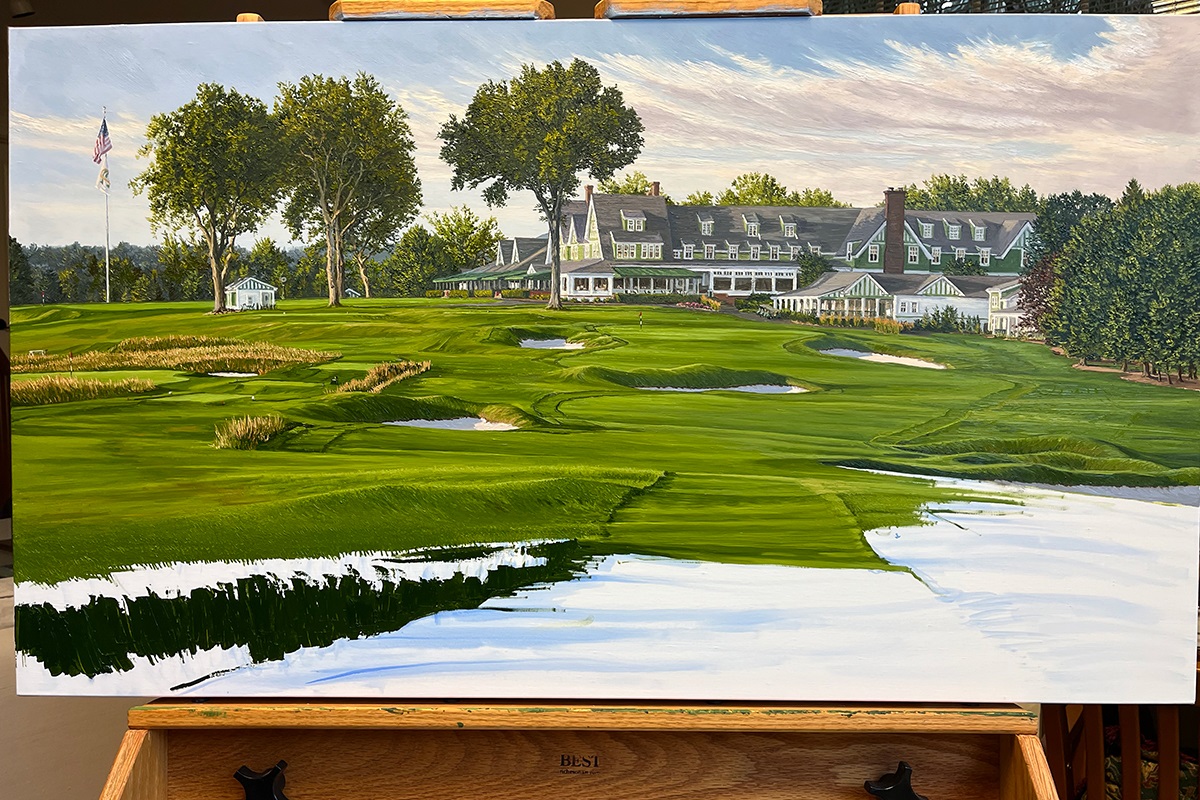 A work-in-progress painting of the 18th hole at Oakmont Country Club by renowned Hilton Head Island artist Linda Hartough