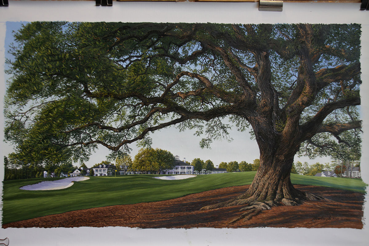 A painting of the 18th hole at Clubhouse, Augusta National by renowned Hilton Head Island artist Linda Hartough